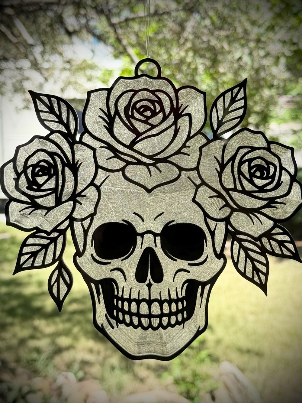 Skull With Roses Suncatcher, Color Your Own Stained Glass Window Decor Handmade